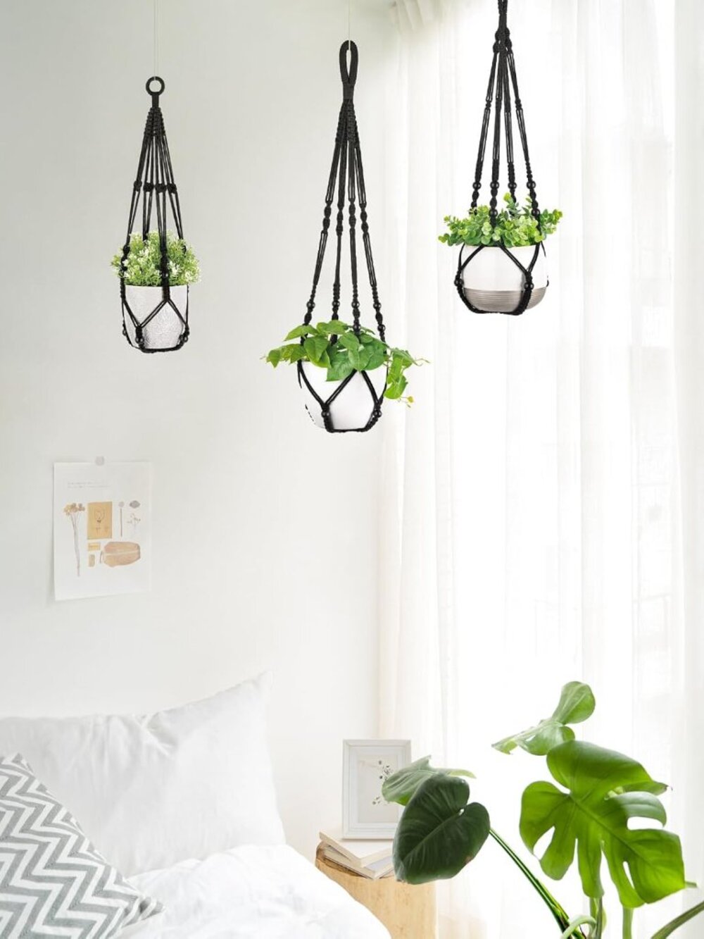 3 Pack Macrame Plant Hangers Hanging Planters for Indoor Plants Black - Picture 3 of 7